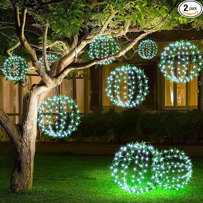 Joomer Solar Hanging Lights Outdoor, 2 Pack 12in 120 LED Solar Globe Lights, 8 Modes Waterproof Foldable Metal Sphere Light with Hook for Garden Yard Porch Decor- White (Ball with Green Leaf)