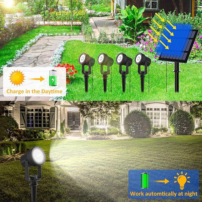 T-SUNUS Solar Garden Spotlight White Outdoor, 4-in-1 Solar Spot Lights 6000K IP65 Waterproof 9.8ft Cable, 5W Separated Solar Panel, Auto On/Off for Tree Patio Yard Driveway Pathway Pool Area