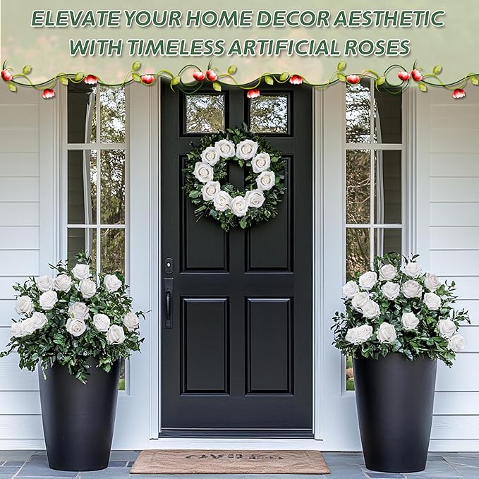 50 PCS Fake White Roses, Artificial White Flowers Bulk Realistic Silk Faux Roses with Stems for Wedding Decorations Table Centerpieces Bridal Bouquet DIY Floral Arrangement Event Party Home Decor