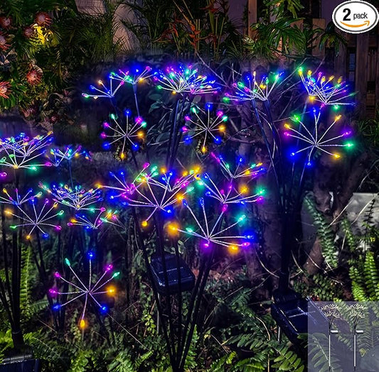 Solar Christmas Lights Outdoor Waterproof Decorative Solar Garden Lights 2 Pack 120LED Solar Firework Lights for Yard Bushes Lawn Flowerbed Xmas Decor，Christmas Gardening Gifts for Women, Multicolor