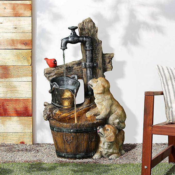 LuxenHome Water Fountain Outdoor, 30" Rustic Outdoor Water Fountain with LED Lights, Rustic Barrel Puppy and Pump Water Feature Outdoor, Garden Fountains Outdoor Patio, Porch, or Indoor Entryway