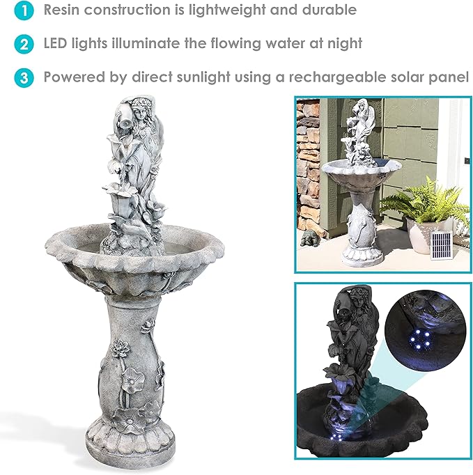 Sunnydaze Fairy Flower Solar Water Fountain - 42-Inch Outdoor Water Feature with LED Light - for Garden, Patio, Decks