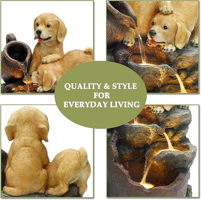 LuxenHome Outdoor Water Fountain, 25 Inch Puppy and Pitchers Pot Resin Water Fountains Indoor with LED Lights, Farmhouse Waterfall Outdoor, Indoor Fountains and Waterfalls for Patio, Garden Decor