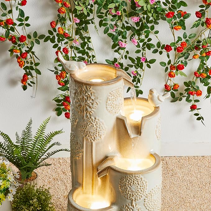 Glitzhome 31.75" H Outdoor Water Fountain with LED Lights and Pump, 4 Tier Dandelion Texture Vase Shaped Ceramic Floor Standing Fountain with Birds for Porch Deck Garden Patio Backyard, Sand Beige