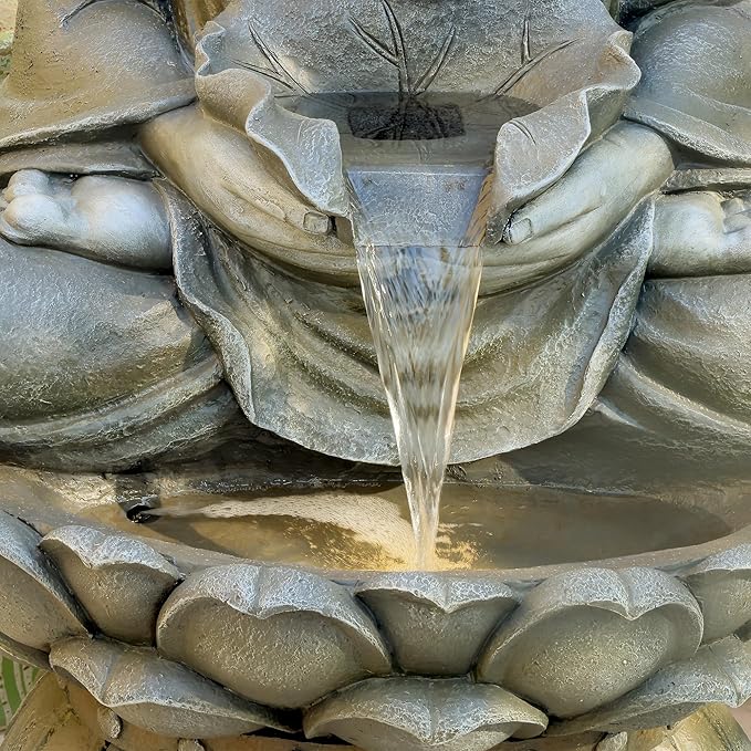 Buddha Water Fountain Outdoor Large Sitting Lotus Base Waterfall Fountains Zen Water Feature Indoor with LED Light for Garden Patio Backyard Deck Lawn Porch Balcony Home 45 inches Gray