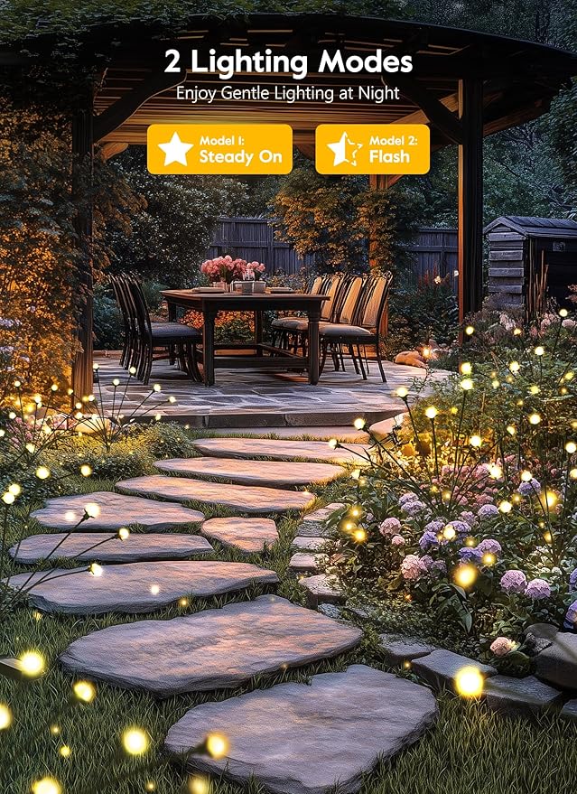 Solar Garden Lights - 8 Pack 12 LED Solar Firefly Lights with 2 Lighting Mode, Sway by Wind, Waterproof Solar Outdoor Light for Yard Patio Walkway Decoration, Warm White