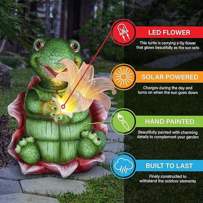 Exhart Solar Turtle Garden Statue, LED Lily Flower, Durable Resin, Cute Yard Décor, 7.5"x5.5"x8.5"