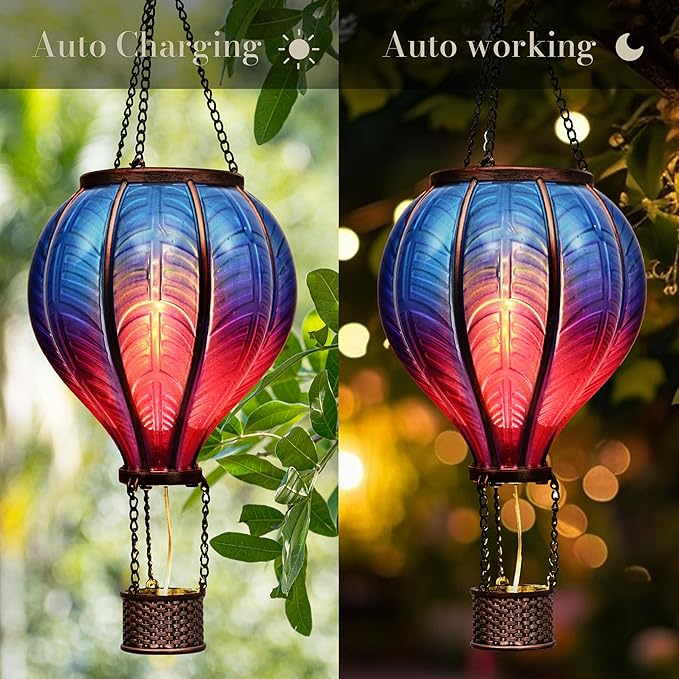 TERESA'S COLLECTIONS Hot Air Balloon Solar Lantern for Garden Decor Halloween Christmas Party,Flickering Flame Hanging Solar Light for Outdoor ,Blue & Purple Plastic Lamp for Yard Tree,Gift for Mom