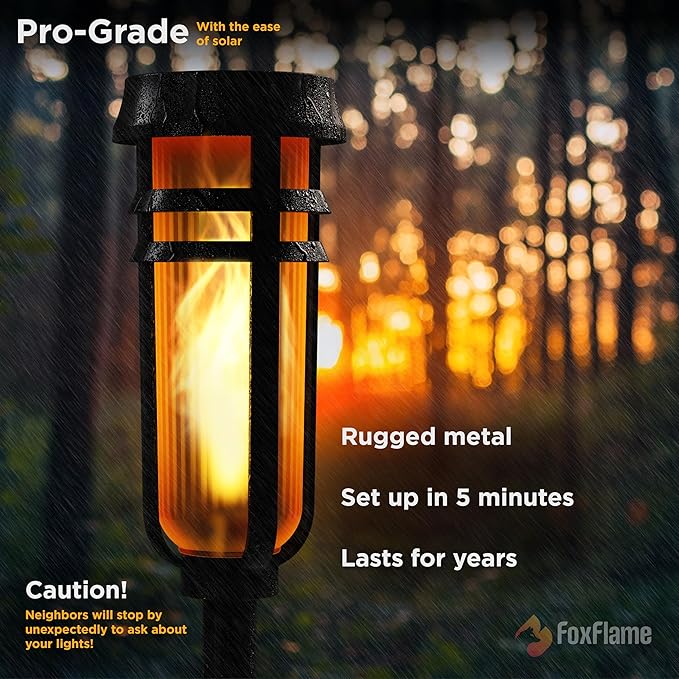 Metal Solar Torch Lights - Adjustable Height (24" - 50"), Outdoor Garden Decor with Patented LED, Waterproof Solar Tiki Torches for Yard, Patio, Garden Pathway, Matte Black – 1 Pack