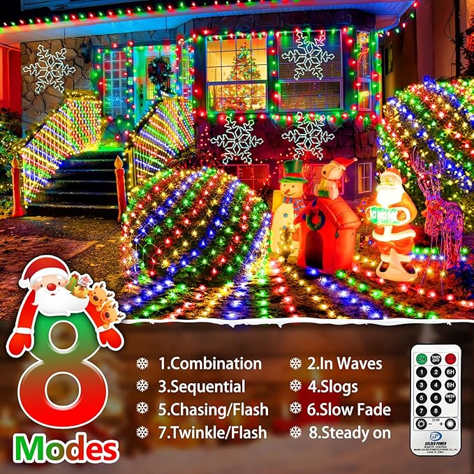 KNONEW Christmas Net Lights 360 LEDs 13ft x 9.8ft Outdoor Mesh Lights Connectable Waterproof 8 Modes & Timer Plug-in Net Fairy Lights for Bushes Garden Party Wedding Holiday,Multicolor