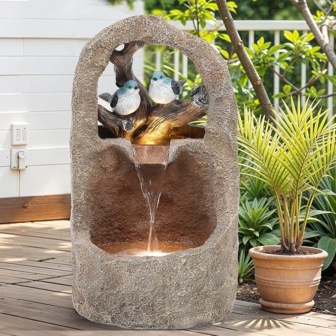 27" 2-Tier Bird Outdoor Water Fountain with Lights, Natural Zen Garden Fountain, Relaxing Waterfall Floor, Yard, Porch or Deck Decor, Whether-Resistant, Faux Granite Texture