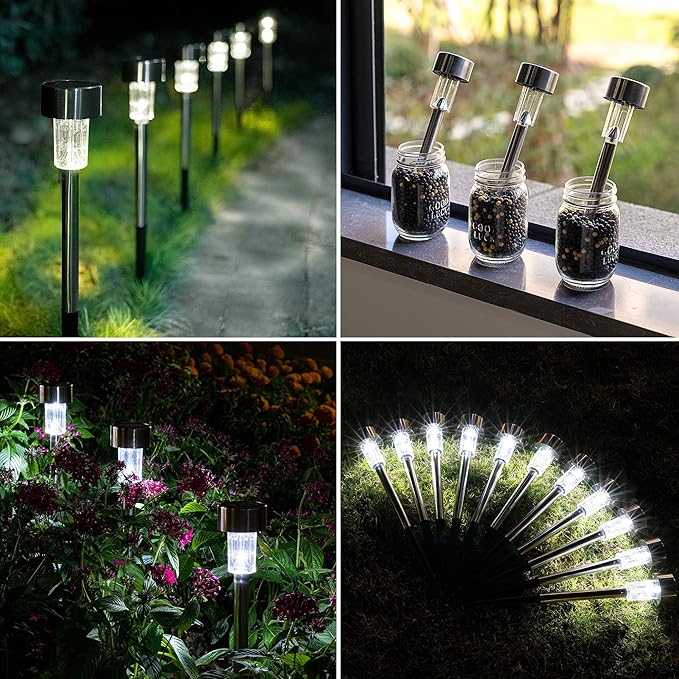 GIGALUMI Solar Pathway Lights 20 Pack, Stainless Steel IP44 Waterproof Auto On/Off Outdoor LED Solar Landscape Lights for Garden, Yard, Patio, Path and Walkway. (Cold White)