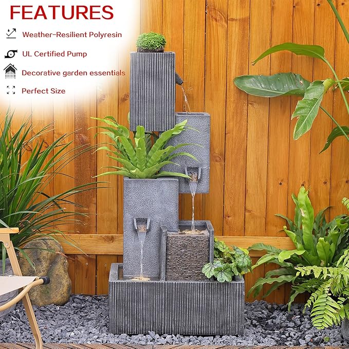 Tiered Water Fountain Outdoor Garden - Waterfall Patio Freestanding Cascade Fountains Concrete Artistry Modern Style with LED Lights for Yard Pool Home Decor, 41.5 inches Tall