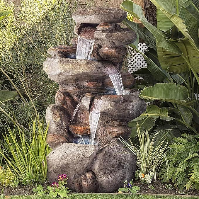Alpine Corporation WIN316 40" Floor Fountain – 4-Tiered Rock Water Feature with Cascading Streams & White LED Lights – Tranquil Outdoor Décor for Garden, Patio, Yard, Deck, or Porch, Light Gray