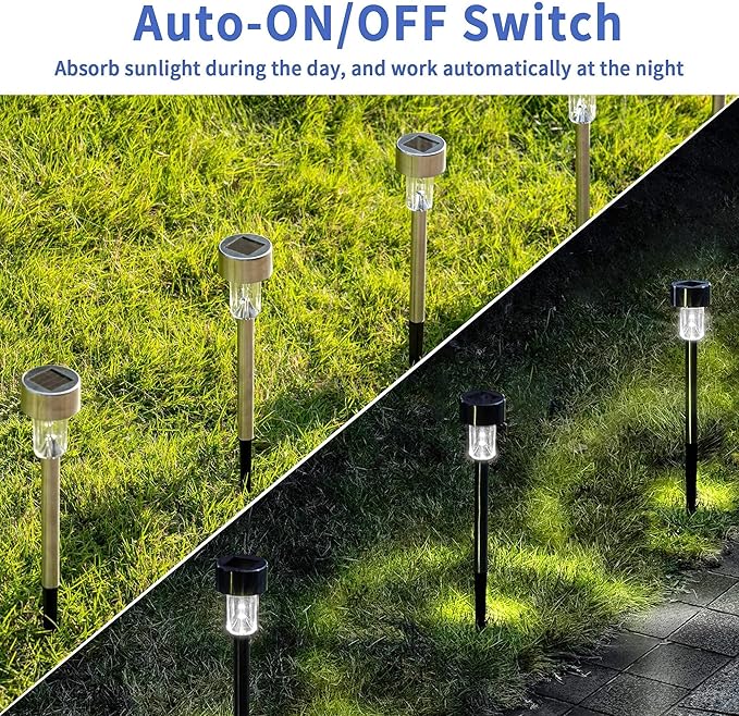 GIGALUMI Solar Pathway Lights 20 Pack, Stainless Steel IP44 Waterproof Auto On/Off Outdoor LED Solar Landscape Lights for Garden, Yard, Patio, Path and Walkway. (Cold White)