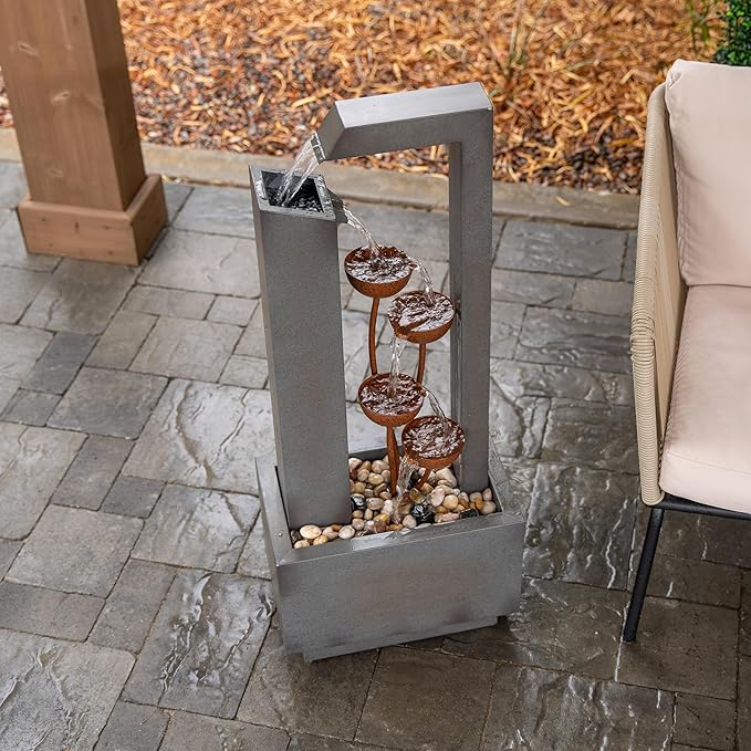 XBrand Sculptural Freestanding Metal Multi-Tiered Water Fountain w/Flowers, No LED Lights, Gray and Bronze, 38" Tall