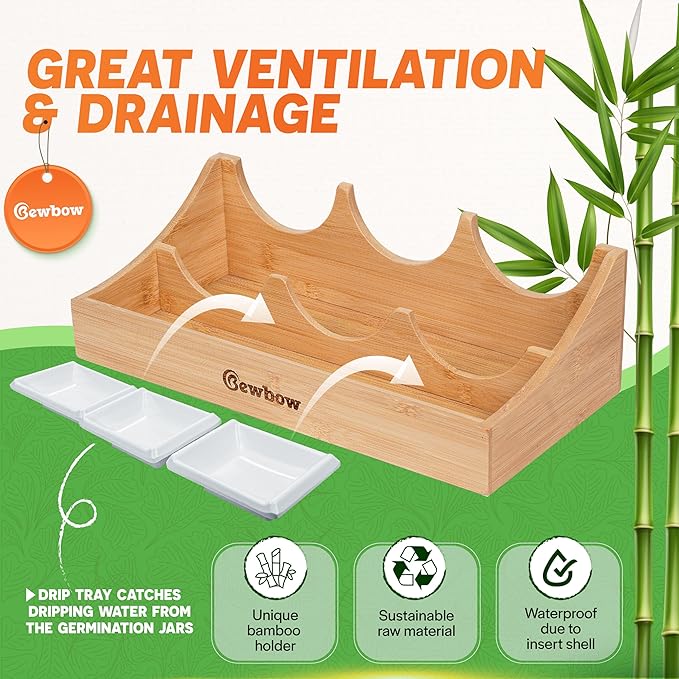 [Upgraded] 3 PCS Seed Sprouting Mason Jar Kit with Bamboo Holder, Drain Tray, Screen Lids, Blackout Sleeves, Good Ventilation & Drainage Capacity, Growing Fresh Organic Mung Beans & Microgreens