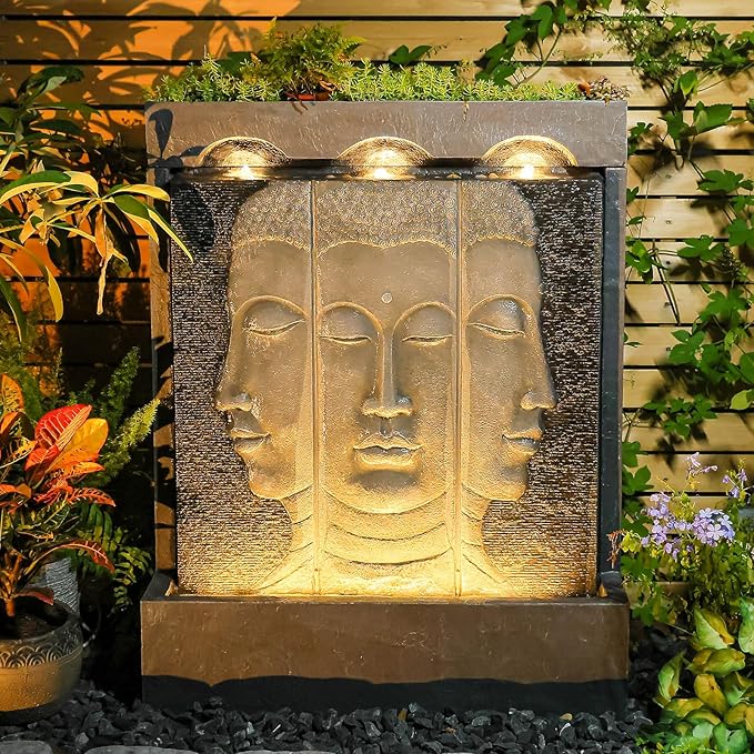 Zen Buddha Wall Fountain - Large Indoor Outdoor Waterfall Water Fountains with Planting Groove, Quiet Meditation Water Feature for Garden Patio Backyard Deck Lawn, 45 inches Tall, Gray