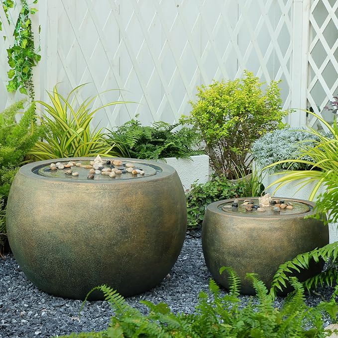 Garden Water Fountain Outdoor Large Round Bubbler Water Feature Indoor with Lights & Pump and Pebbles Concrete Effect for Patio Pool Pond Yard Home Decor Gold, 25 "L X 25" W X 17.5" H