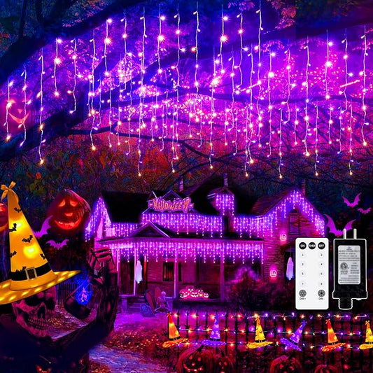 480 LED 49FT Halloween Lights Plug in 8 Modes with Timer Dimmable Halloween Decorations Outdoor Waterproof Indoor Curtain String Lights for Roof Porch Garden Holiday Wedding Party Decor Orange+Purple