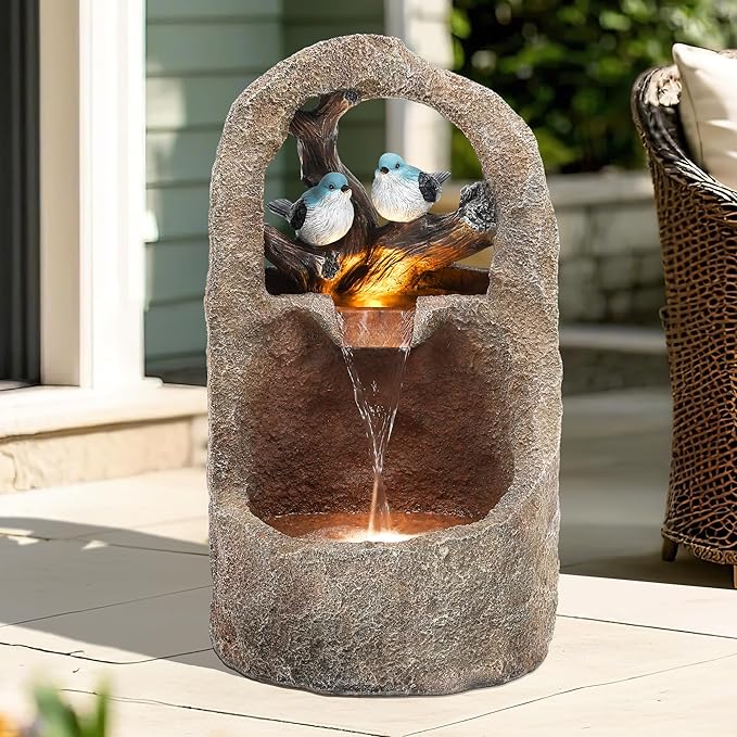 27" 2-Tier Bird Outdoor Water Fountain with Lights, Natural Zen Garden Fountain, Relaxing Waterfall Floor, Yard, Porch or Deck Decor, Whether-Resistant, Faux Granite Texture