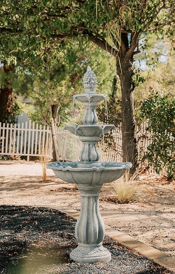 XBrand 3-Tier Freestanding Waterfall Fountain w/Pump & Pineapple Top, 51 Inch Tall, Grey, Large Outdoor Garden Fountain, Ideal for Garden, Porch, and Lawn