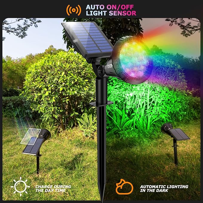 Color Changing Solar Spot Lights Outdoor, 21 LEDs Brightness Solar Pathway Lights Outdoor, IP67 Waterproof Exterior Solar Lights for House, 2-in-1 Solar Flood Lights Outdoor for Yard