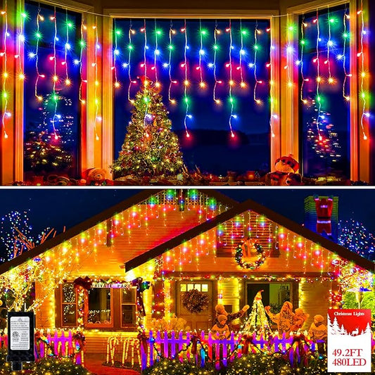 480 LED 49FT Christmas Lights Plug in 8 Modes with Timer Dimmable Christmas Decorations Outdoor Waterproof Indoor Curtain String Lights for Roof Porch Garden Holiday Wedding Party Decor Multi Colored