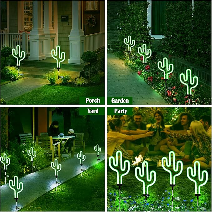 SunKite Cactus Solar Garden Stake Lights - Outdoor Waterproof Neon Lights for Garden, Yard, Lawn, Pathway, Patio, Backyard (2 Pack)