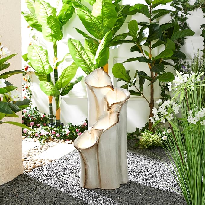 Glitzhome 31.25" H Outdoor Water Fountain with LED Lights and Pump, 4 Tier Sand Beige Lotus Leaf Textured Ceramic Floor Standing Fountain, Vase Waterfall Fountains for Porch Deck Garden Patio Backyard