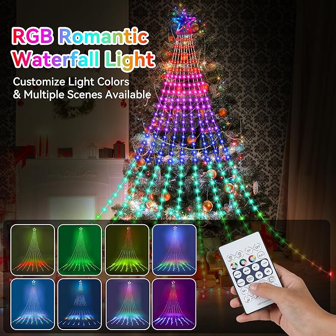 Christmas Decoration RGB String Lights, Outdoor Color Changing Christmas Lights 320 LED 11.5 Ft Star Tree Topper Fairy String Lights with 8 Light Modes for Christmas New Year Holiday Garden Yard