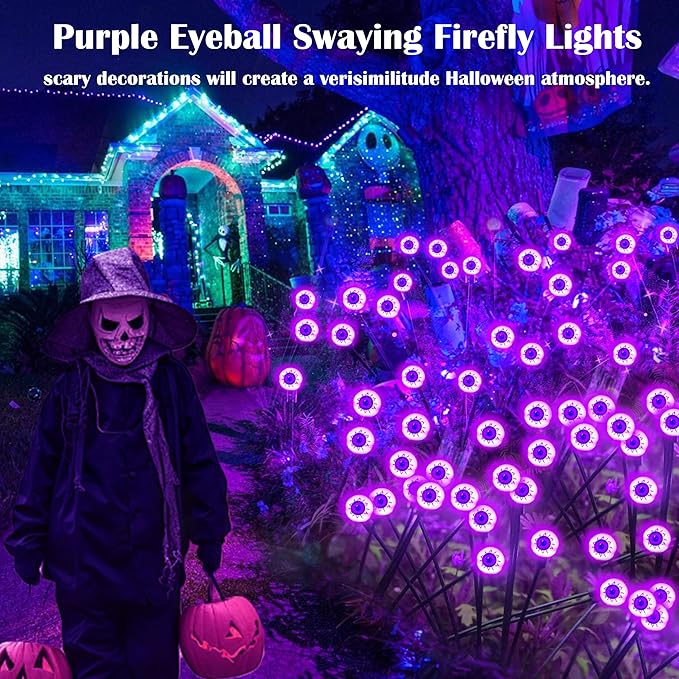 4 Pack Solar Purple LED Eyeball Halloween Outdoor Lights - Waterproof, Swaying Fairy Lights for Pathway, Yard & Garden Decorations