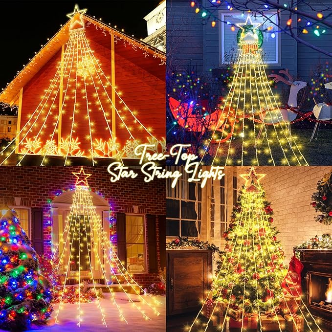 JXLEDAYY Christmas Lights Outdoor Decorations 344 LED Star Lights - Easy to Install Waterproof Fairy String, 8 Modes Xmas Tree for House Garden Party Wedding Holiday-Warm White