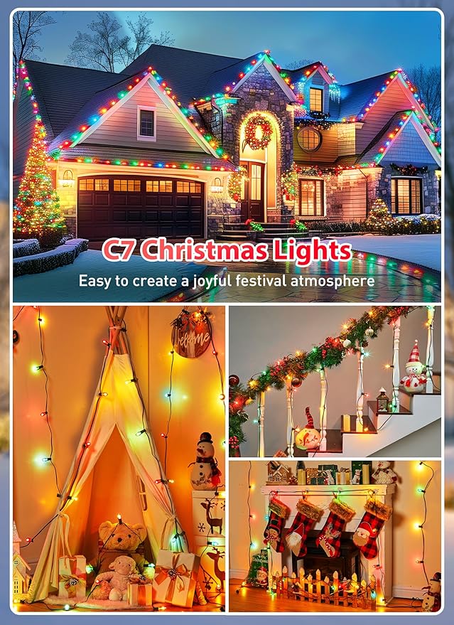 C7 Multicolor Christmas String Lights - 50ft 2 Pack Vintage Christmas Tree Lights, Outdoor Roofline String Lights with 50+2 Spare Bulbs for Patio Garden Holiday Indoor Home Xmas Decoration