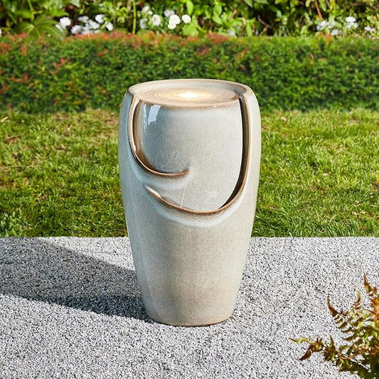 Glitzhome 21.25" H Ceramic Vase Outdoor Water Fountain Tall Patio Garden Water Fountain with LED Light and Submersible Pump Yard Art Decor, Sand Beige
