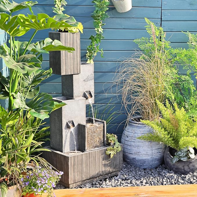 Tiered Water Fountain Outdoor Garden - Waterfall Patio Freestanding Cascade Fountains Concrete Artistry Modern Style with LED Lights for Yard Pool Home Decor, 41.5 inches Tall