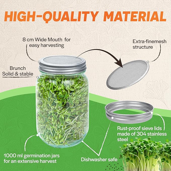 [Upgraded] 3 PCS Seed Sprouting Mason Jar Kit with Bamboo Holder, Drain Tray, Screen Lids, Blackout Sleeves, Good Ventilation & Drainage Capacity, Growing Fresh Organic Mung Beans & Microgreens
