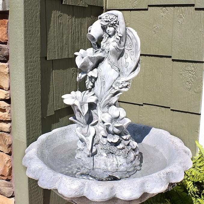 Sunnydaze Fairy Flower Solar Water Fountain - 42-Inch Outdoor Water Feature with LED Light - for Garden, Patio, Decks