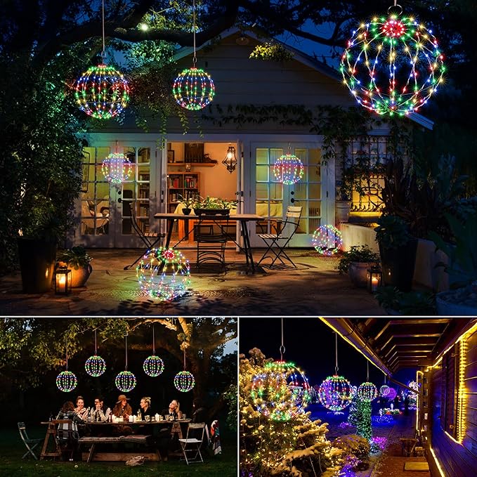 Joomer 2 Pack Christmas Ball Lights, 12IN 120 LED Foldable Metal Sphere, Connectable Waterproof 8 Modes With Timer, Hanging Tree Globe for Holiday Christmas Decorations (Multicolor)