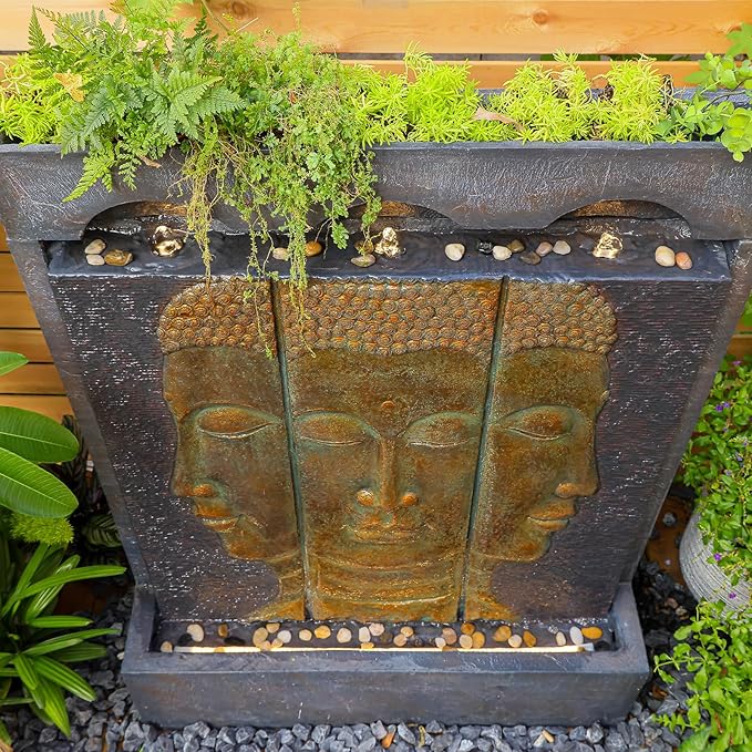 Zen Buddha Outdoor Fountain - Large Indoor Water Fountains Waterfall with Planting Groove Wall Water Feature for Garden Patio Backyard Deck Lawn Home Decor, 45 inchesTall, Gold