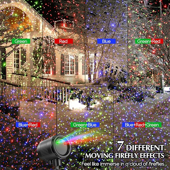 Laser Christmas Projector Lights Outdoor, 3 Color Laser Projector Light, Moving Firefly Lights Show w/Remote & Timer, Waterproof Holiday Christmas Decorations for Garden Yard Party Wedding Home Decor