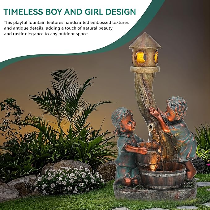 31" Resin Outdoor Water Fountain with LED Lights, Boy-Girl, Pagoda and Wood Barrel Garden Fountain, 3-Tier Cascading Waterfall for Tranquil Backyard, Patio or Porch, Faux Bronze Finish