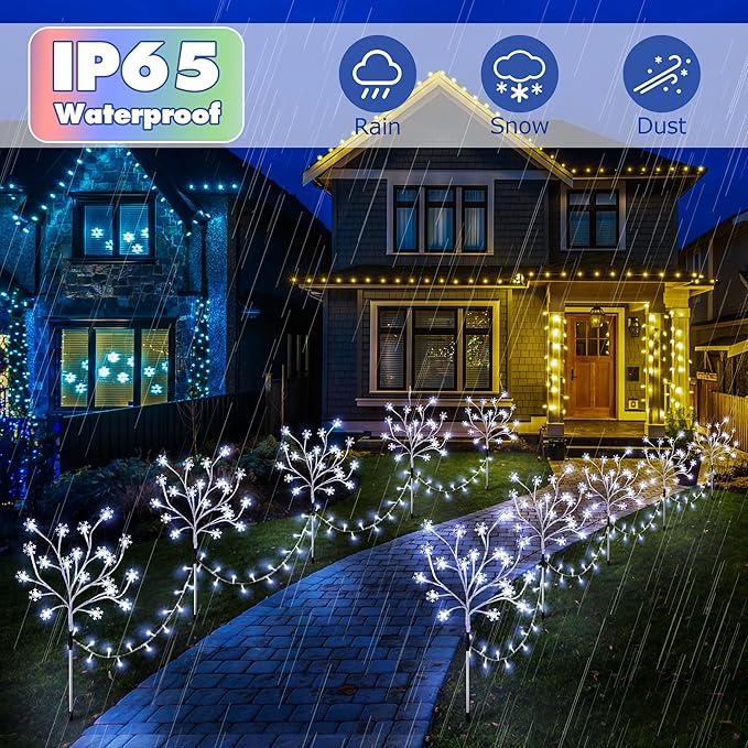 Enhon 5 Pack Snowflake Christmas Pathway Lights, 180 LED Garden Stake Lights with 8 Light Modes and Timer Function, Waterproof Xmas Decoration Tree Light for Outdoor Yard Lawn Patio Decor (Cool White)