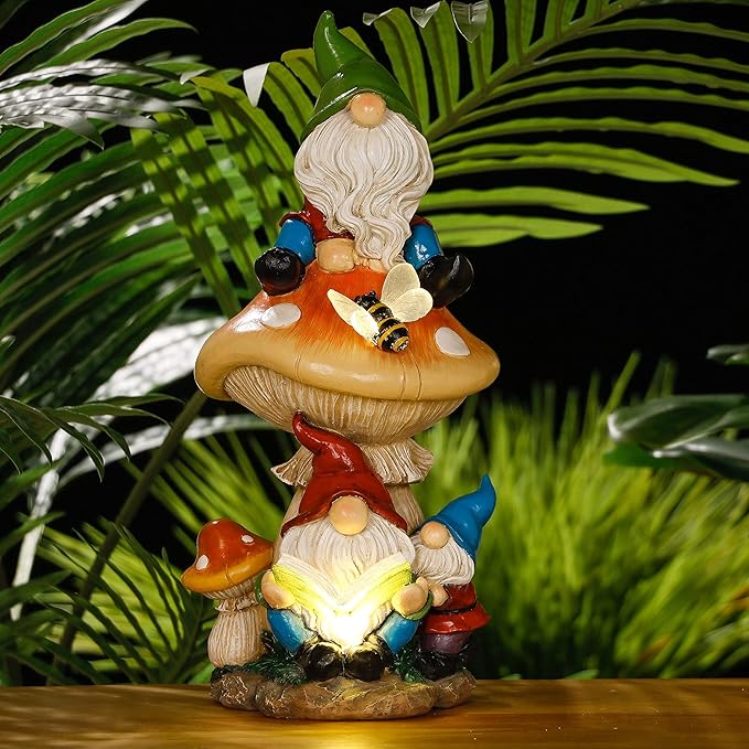 TERESA'S COLLECTIONS Garden Gnomes Statues Decorations for Yard with Solar Lights, Resin Sculptures& Statues on Mushroom Reading Garden Outdoor for Patio Lawn Ornaments,Ideal Gifts for Mom, 12.6"