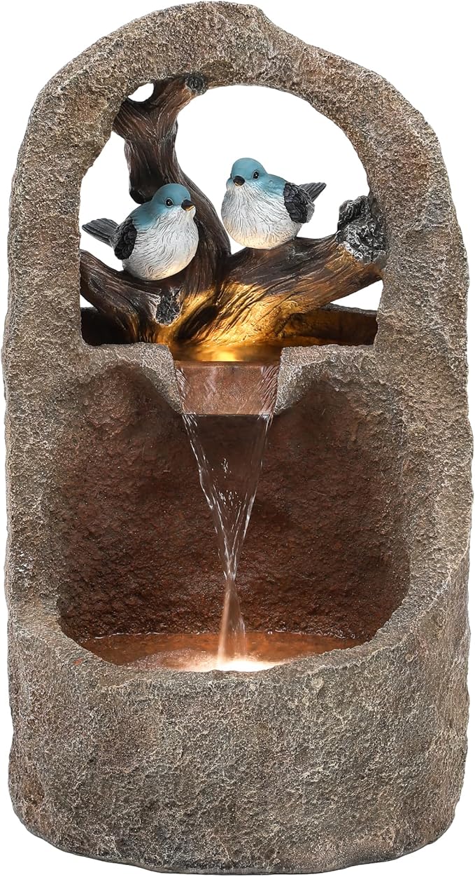 27" 2-Tier Bird Outdoor Water Fountain with Lights, Natural Zen Garden Fountain, Relaxing Waterfall Floor, Yard, Porch or Deck Decor, Whether-Resistant, Faux Granite Texture