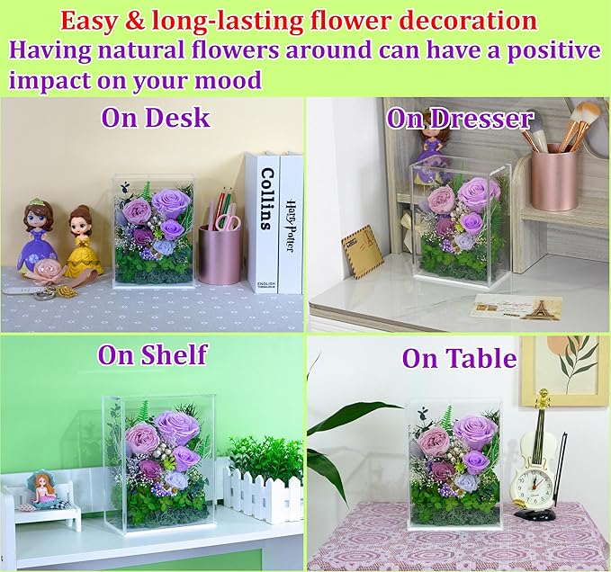 Valley of Rain & Forest Long-Lasting Real Flowers, Handcrafted Preserved Rose Bush For you to Send Love for All Occasions, Floral Arrangement for Indoor Decoration (Purple Rose)