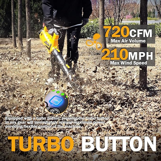 Leaf Blower Cordless,720CFM 210MPH Electric Blower with 2 x 21V 6.0Ah Battery and Charger, 5-Variable Speed & Turbo Mode, Blowers for Lawn Care (E 5003) (Black Yellow)