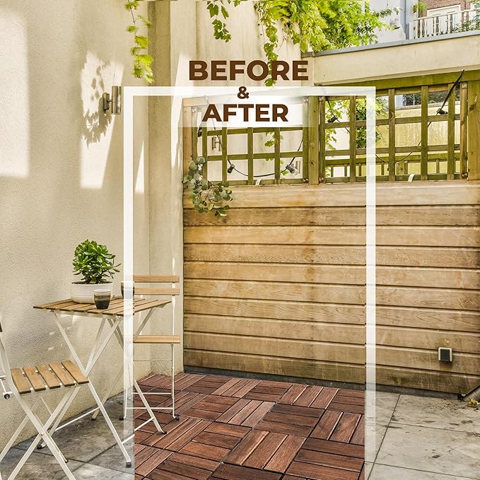 Pack of 10 Deck Tiles - 12"x12" Interlocking Natural Solid Acacia Wood for Outdoor & Indoor, Patio Garden, Balcony, Poolside - Dark Brown Color