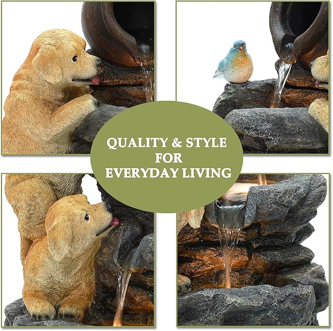 LuxenHome Outdoor Water Fountain, 26 Inch Puppy and Rock Resin Water Fountains Indoor with LED Lights, Farmhouse Waterfall Outdoor, Indoor Fountains and Waterfalls for Patio, Garden Decor