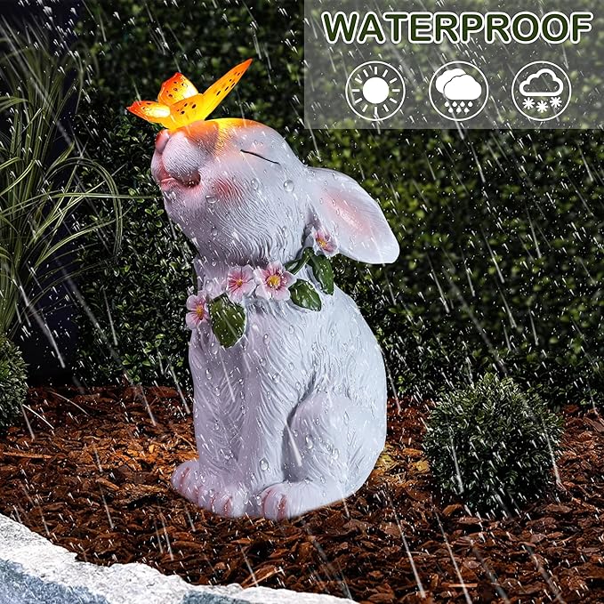 Attivolife Garden Solar Outdoor Statues Bunny Light, Patio Decor Easter Rabbit with Butterfly Ornament for Lawn Balcony Yard Art Decoration, for Mom Grandma